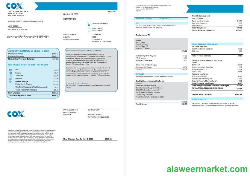USA COX utility bill template in Word and PDF format
